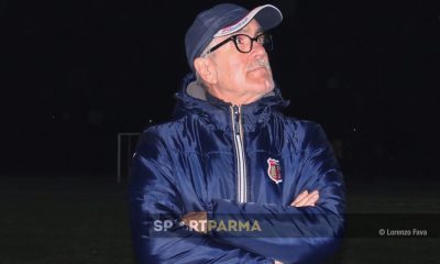 Mister Massimo Bizzi in Soragna Sorbolo Biancazzurra quarti di finale Coppa Emilia Prima Categoria 22 febbraio 2023
