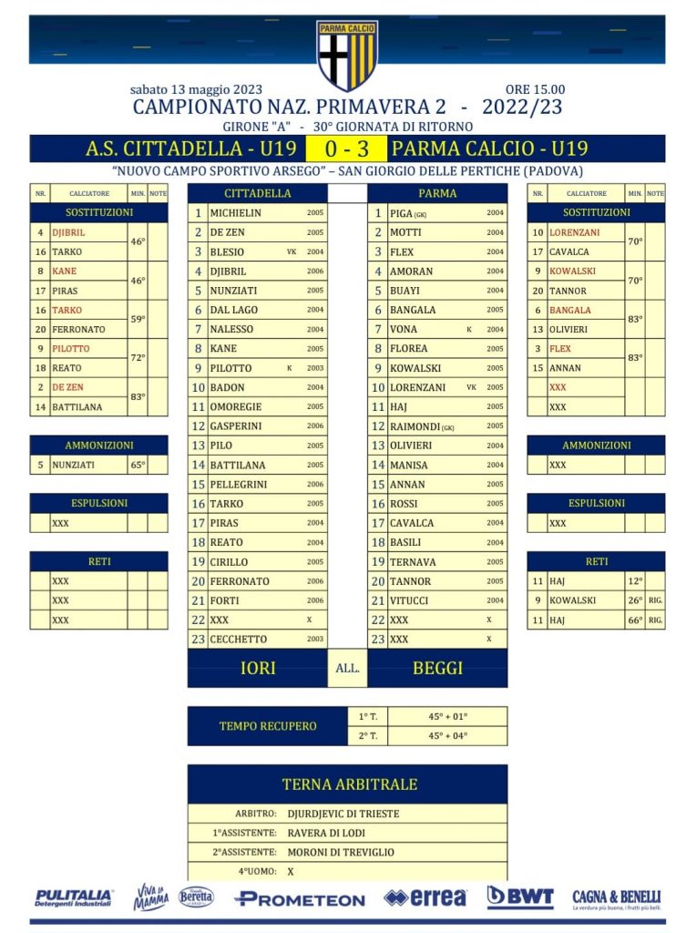 campionato Primavera 2 cittadella parma 0 3 tabellino finale 13 05 2023
